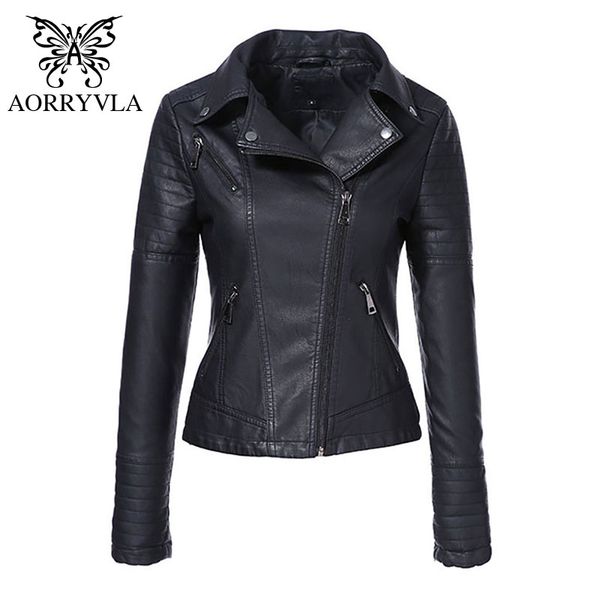 

aorryvla new women autumn winter black faux leather jackets zipper basic short coat slim turn-down collar motor biker jacket top