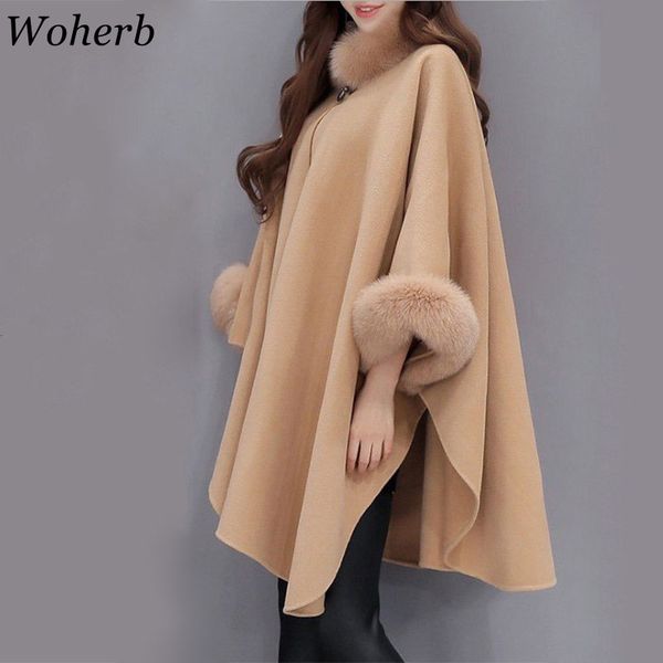 

woherb 2019 winter fur neck coat women plus size long cloak casual loose ladies jacket warm cape coats abrigos mujer 20392, Black