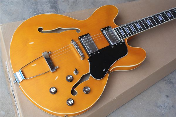 

factory custom semi-hollow body 335 model gold yellow classical chrome hardcase electric guitar good quality play well wholesale price