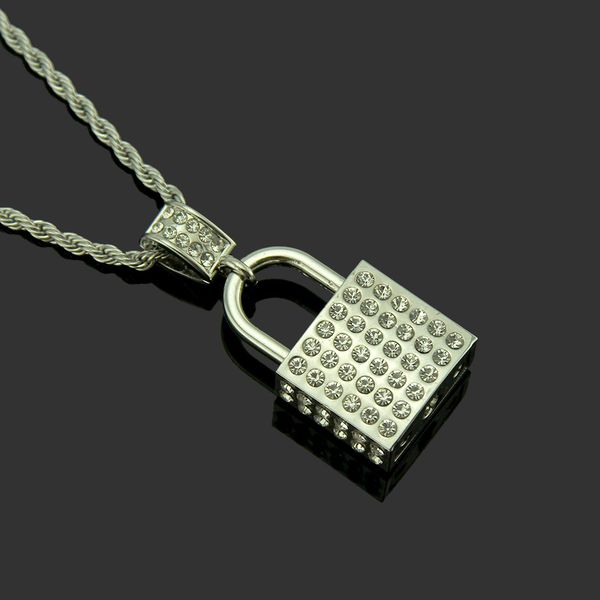 

wholesale-lock shape pendant necklace men's and women's clothing zircon pendants silver color alloy pendant with stainless steel c