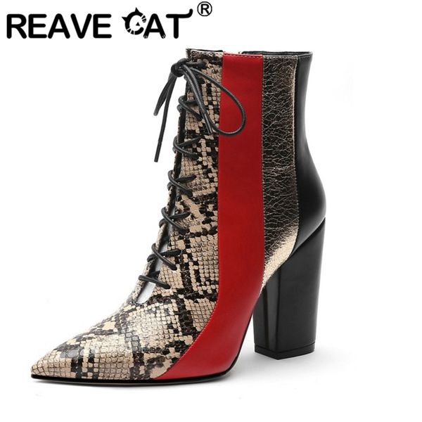 

reave cat winter ankle boots pointed toe 10cm square heels cross-tied zipper mixed color snake large size 34-45 casual a2845, Black