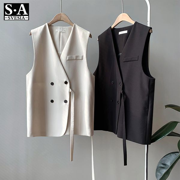 

women's vests korean style suit vest short section 2021 spring loose v-neck wild jacket, Black;white