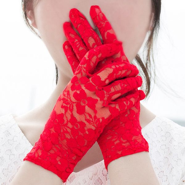 

five fingers gloves summer lace mesh drivng women lady dressy short dance glove black pink red sunscreen full finger mittens accessorie, Blue;gray