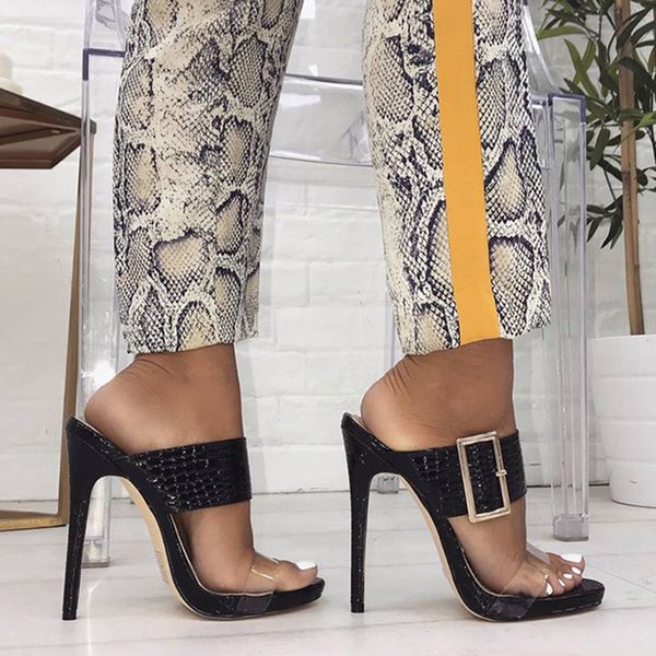 

2020 summer serpentine slides women crystal 11cm high heels mules lady girls belt heels fashion sandles quality party shoes, Black