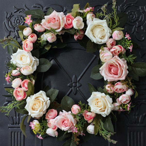 

front door artificial rose flower wreath wedding fake floral rattan garland with green leaves for window wall home decoration nn