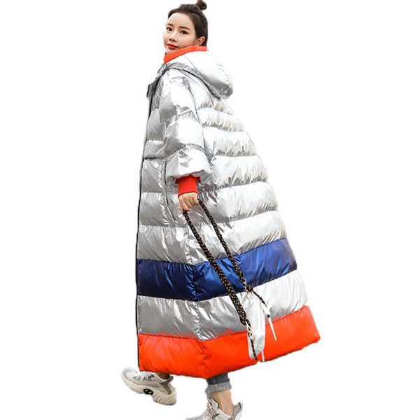 

glossy women's winter jackets plus size long hhooded jacket women korean loose bf fashion color matching parka jacket coat 653, Black