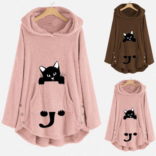 

casual womens cat embroidery plus size warm hoodie pullover sweatshirt blouse with pocket plus size#z30, Black;brown