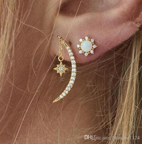 

vintage creative women's earrings studs shining diamond gold plated alloy eardrop moon star crystal earring hoops drop shipping, Golden;silver