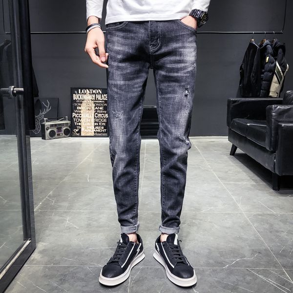 

jeans men's stretch slim fit fashion washed solid color casual hole jean pants man streetwear wild hip hop denim trousers male, Blue