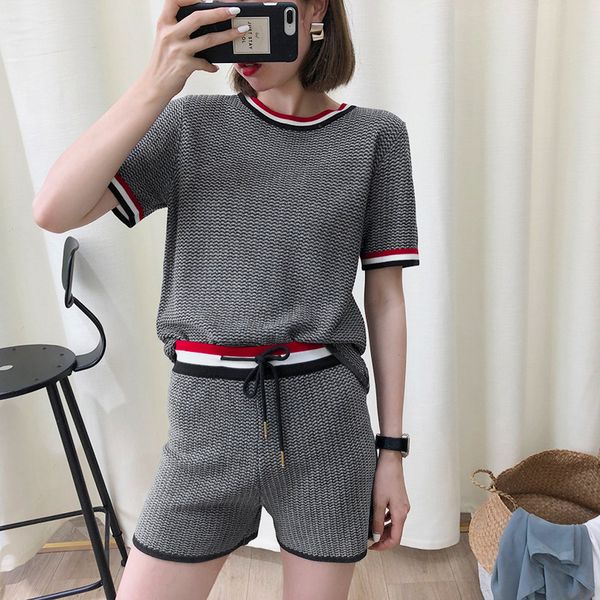 

tb three stripe decorative split knitted sweater short sleeve t-shirt shorts suit summer breathable women's designer brand, White;black