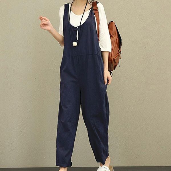 

spring autumn women cotton casual loose pockets jumpsuits fplus size loose solid sleeveless bib overalls rompers jumpsuit, Black;white