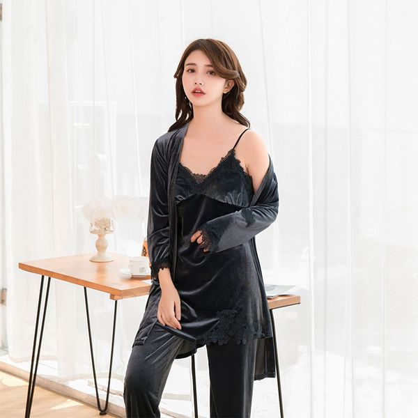 

gold velvet four-piece pajamas women's autumn and winter sling robe with chest pad velvet can be worn sleepwear, Blue;gray