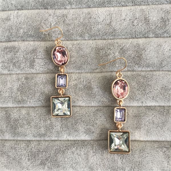 

lovely gold color deep red yellow green light rose blue and green stone square oval drop earring for women party gift, Golden