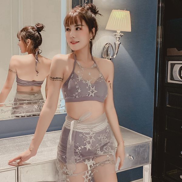 

korea swimwear plus size rash guard swimsuit female 2019 girl beach wear two piece popular high waist push up silk fairy, White;black