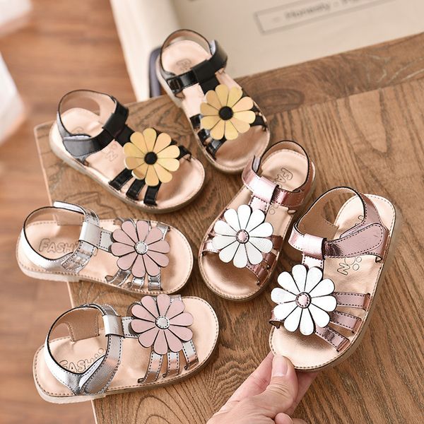

2020 summer girls sandals children paint sunflowers soft-soled sandals toddler kids girls princess casual shoes, Black;red