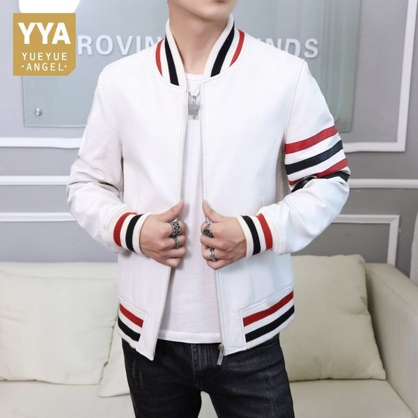 

100% real leather jacket men college baseball sheepskin coat mens autumn biker jacket white bomber jackets jaqueta masculina hot, Black