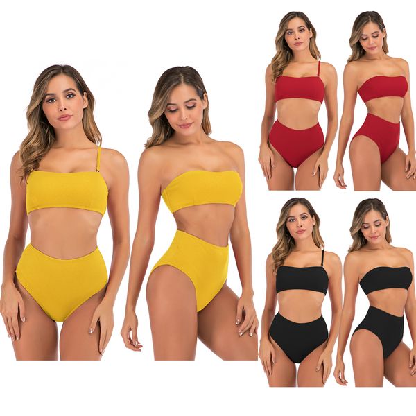 

bikini for women two piece solid color swimsuit bandeau high waist tankini set halter bathing suit clear split swimsuit, White;black