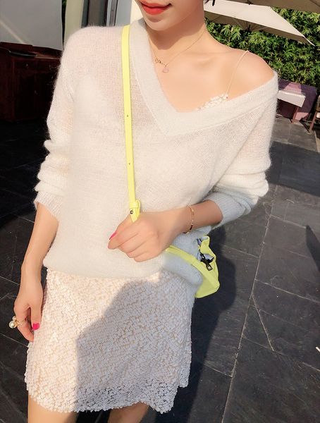 

ladies wool mohair blend long puff sleeve v neck knitted pullover sweater - latest 2019 fall fashion casual jumper, White;black