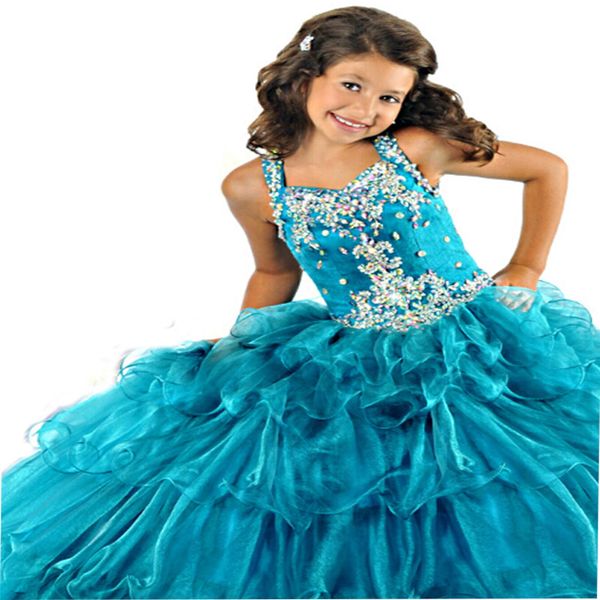 

wedding flower girl girls pageant dresses peacock blue organza ball gown on the back crystal pendant birthday party girls pageant dresses, White;red