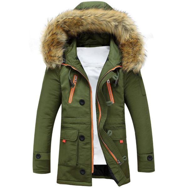 

fashion men winter faux fur collar slims fit thick warm cotton coat hooded jacket men's long winter warm down jacket, Black