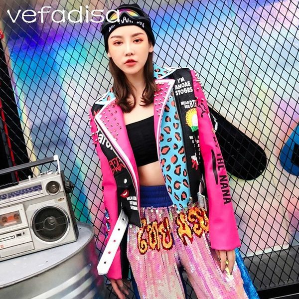 

vefadisa women pink leopard pu jacket 2018 autumn rivet jacket letter printing short women pu leather dq0068, Black