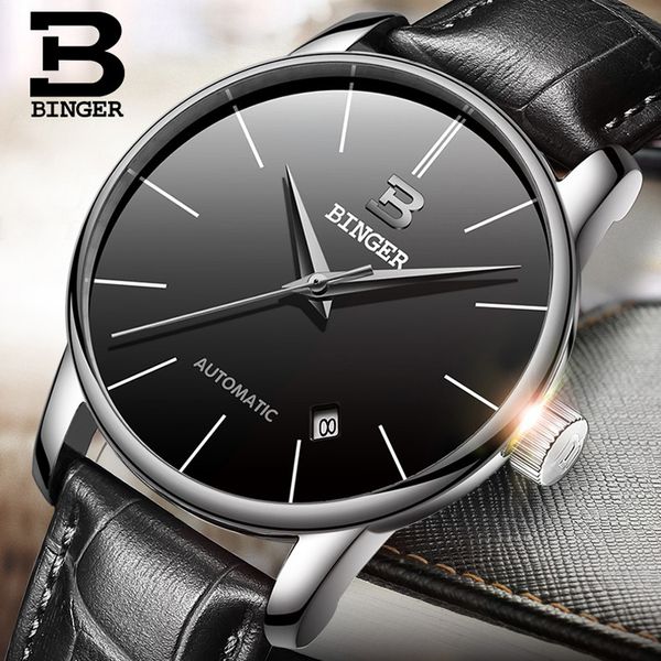 

binger luxury men classic date automatic mechanical watch self-winding skeleton black leather/stainless steel strap wristwatches, Slivery;brown