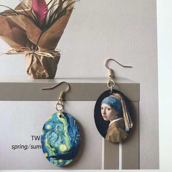 

2019 new vintage art oil painting dangle earrings temperament simple creative geometric wooden asymmetry drop earrings for women, Silver