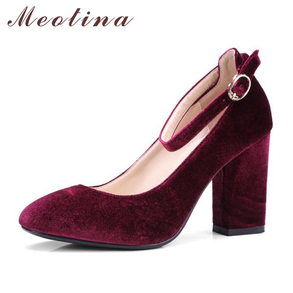 

meotina женская обувь бархат толстые высокие каблуки женские насосы лодыжки ремень леди партия обувь дамы насос плюс размер 33-43 chaussure, Black