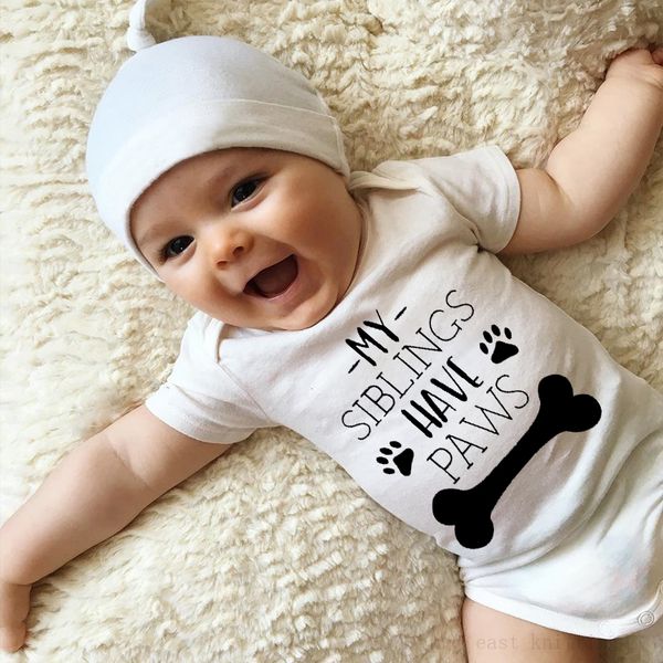 

dermspe new summer newborn baby boys girls short sleeve letter print my sibling have paws romper jumpsuit baby clothes, White
