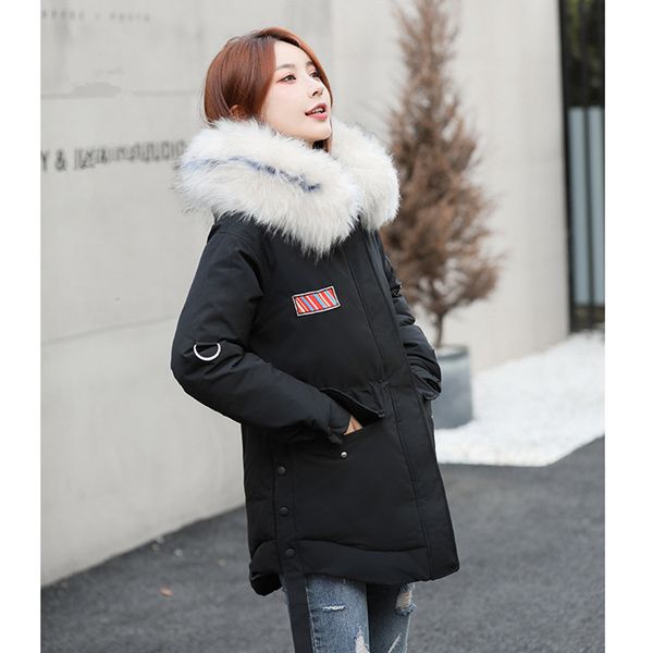 

women big fur collar cotton parkas irregular coat 2019 winter thicker waist parka long outwear office lady solid loose jacket, Black