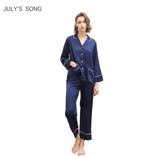 

july's song women faux silk satin pajamas set 2 piece spring summer long sleeve sleepwear pajamas suit female sleep homewear, Blue;gray