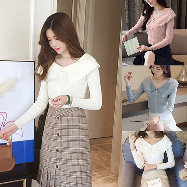 

women autumn casual long-sleeved round neck t-shirt slim knit button sweet sweater, White;black