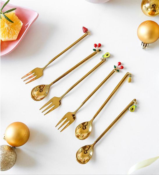 

forks strawberry creative hanging fruit series stainless steel small spoon fresh style coffee spoons dessert fork