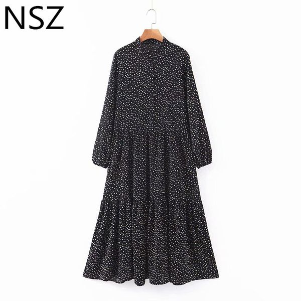 

nsz women dot print long maxi dress long sleeve round collar elegant dresses autumn winter 2019, Black;gray