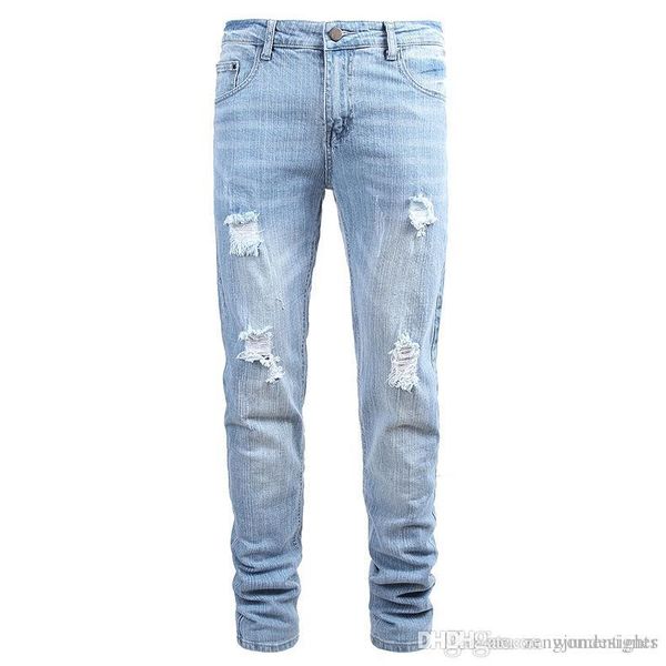 

mens fashion style jeans light blue hole summere button straight new designer homme clothing casual apparel