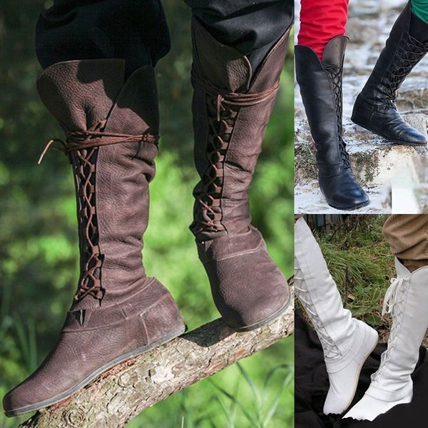

women shoes lace up knee high boots ladies vintage faux leather cross tied flats riding boots plus size zapatos de mujer, Black