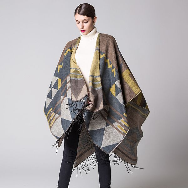 

bohemia liusu states lengthened and thickened cashmere-like autumn and winter national wind travel open-forked shawl cloak 2019, Blue;gray