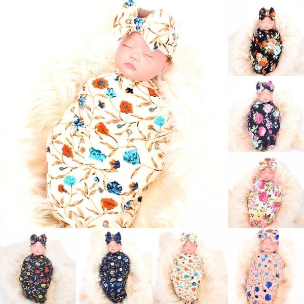 

kids designer clothes girls boys receiving blanket headband set rose flower print baby swaddle floral blankets 7 styles