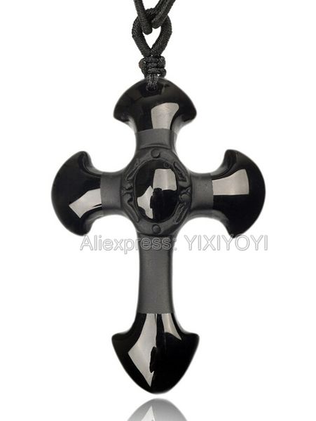 

drop shipping natural black obsidian carved cross lucky pendant beads necklace for woman man hand carved pendants jewelry, Silver