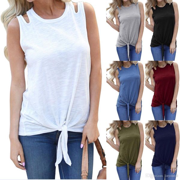 

women summer vest t-shirts o neck sleeveless camisole hole hollow out solid fashion solid slim tee soft top, White