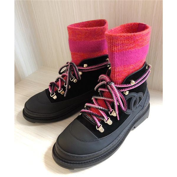 

fashion brand women's shoes luxury women's boots stretch socks shoes lace up short leather knitted flat martin boots net red short, Black