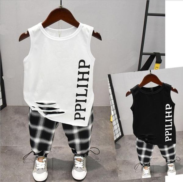 

summer cute letter 2pcs kids baby boys vest pants set clothes children fashion clothing sets 2-6years t200607, White