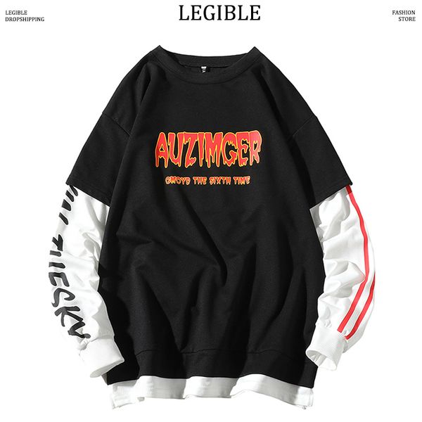 

legible hip hop men hoodies 2019 mens harajuku fake two pieces oversize sweatshirts male patchwork streetwear loose hoodies men, Black