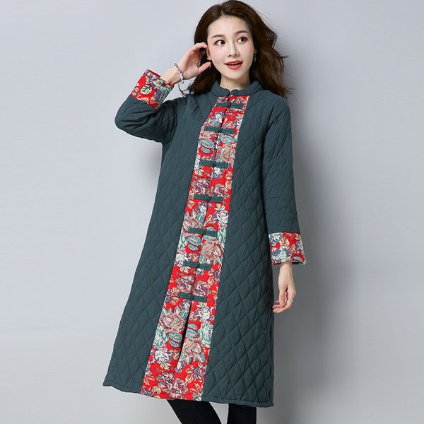 

2017 ethnic-style autumn and winter vintage printed joint long cotton-padded clothes thick cotton-padded jacket coat fy878, Blue;black