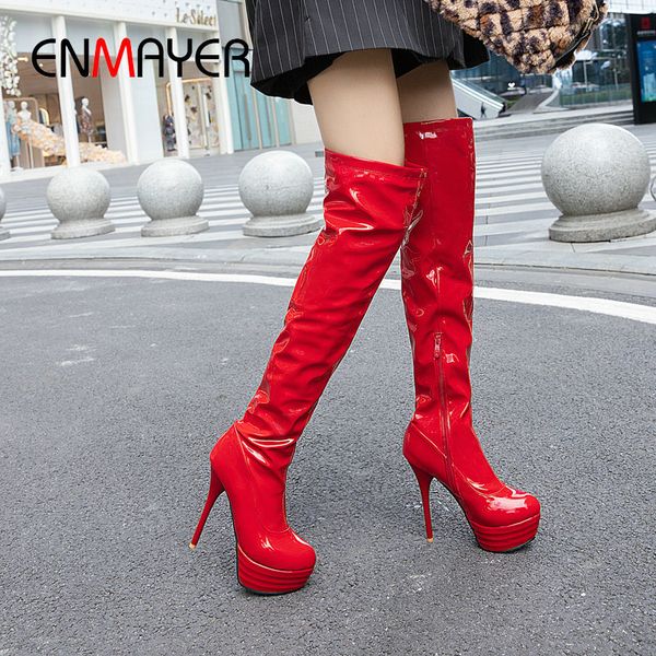 

enmayer 2019 over the knee boots patent leather round toe super high luxury shoes women designers high heel boots 34-43 t200425, Black