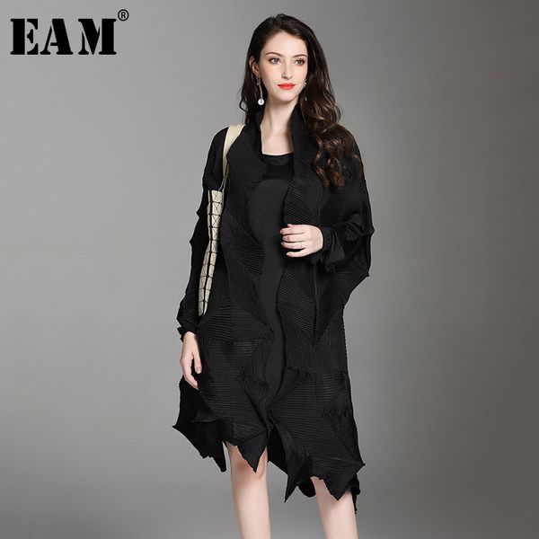 

eam] 2019 new spring winter v-collarl long sleeve black fold irregular big size pleated jacket women coat fashion tide jl313, Black;brown