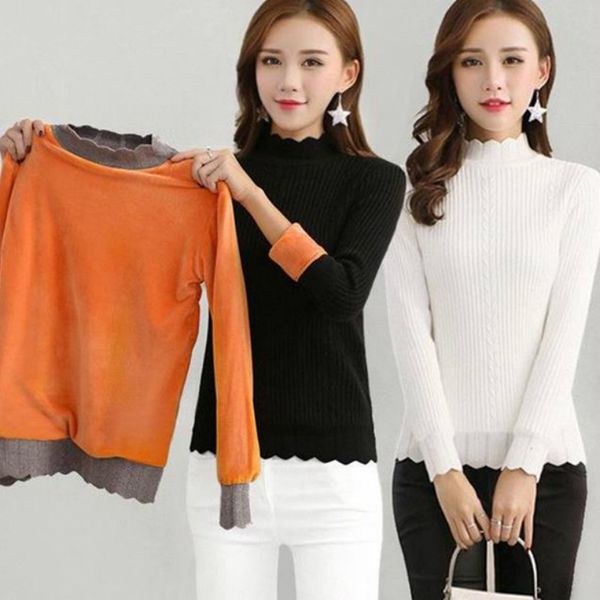 

2019 winter plus velvet thicken warm knitted women sweater long sleeve turtleneck pullover sweater casual slim knit, White;black