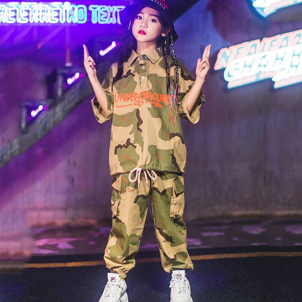 

modern girls hip hop jazz street dance costume camouflage suit children's jazz dance clothing kids performance costumes dl2021, Black;red