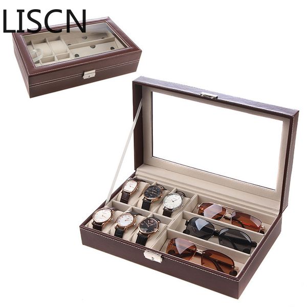 

liscn 8 grids+3 mixed grids pu leather watch boxes storage organizer box luxury jewelry ring display watch case black, Black;blue