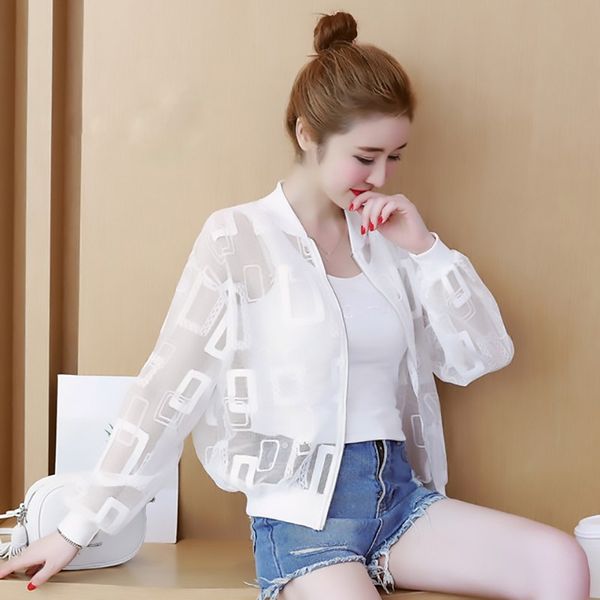

summer casual solid baseball short jacket 2019 new women transparent thin loose bomber jacket zippers cardigan sunscreen coat, Black;brown